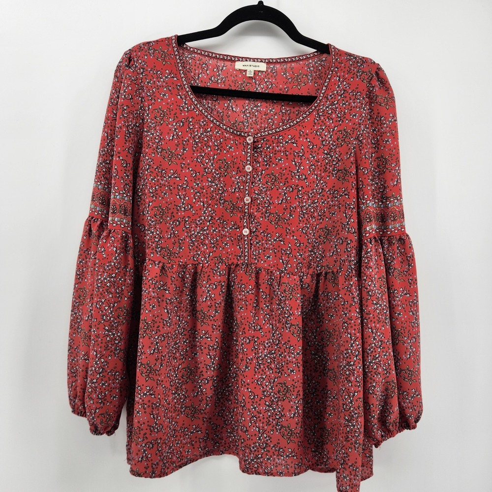 Max Studio Floral Print Blouse Top Long Sleeve 1/2 Button Down Women's Pink‎ Red